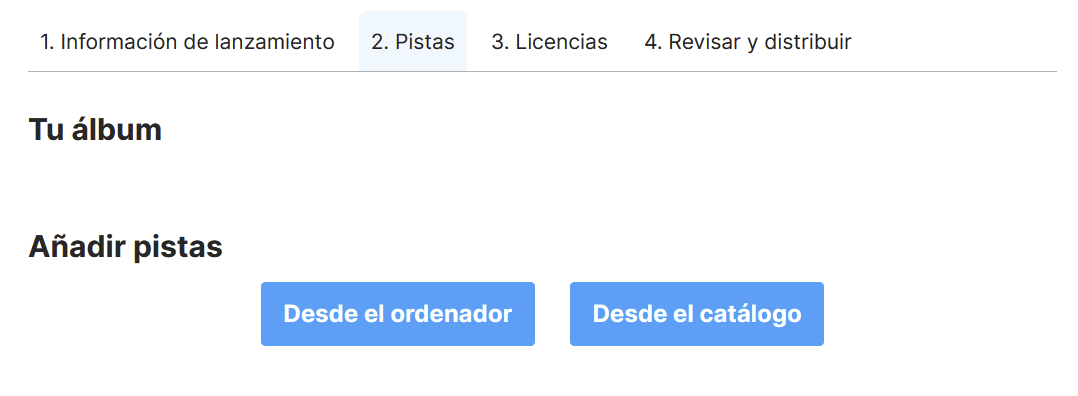 Pestaña "2. Pistas" con el apartado "Añadir pistas" y los botones desde el ordenador o el catálogo