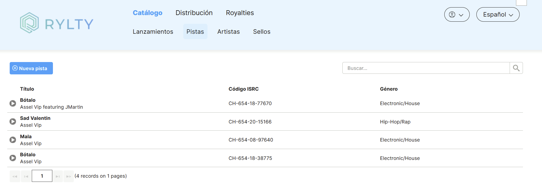 Listado de Catálogo › Pistas con el título, el código ISRC y el género