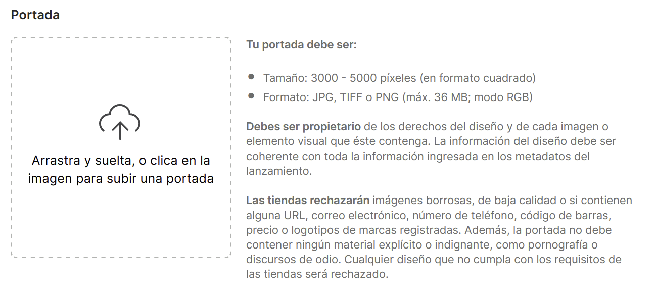 Zona para subir la portada, con los requisitos de tamaño y formato
