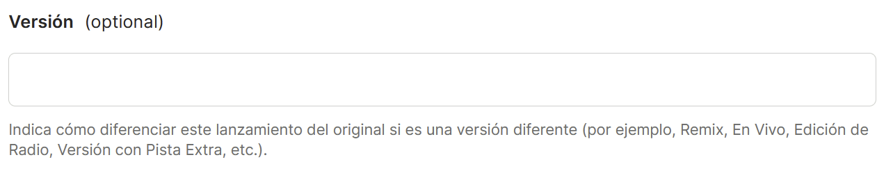 Campo "Versión" (opcional) del lanzamiento