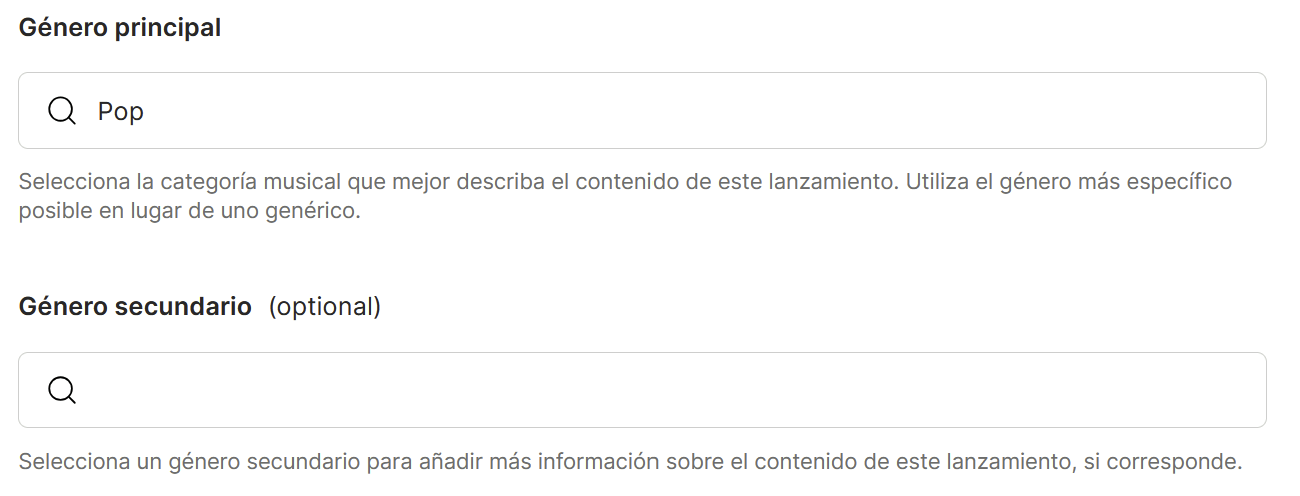 Campos "Género principal" y "Género secundario" del lanzamiento