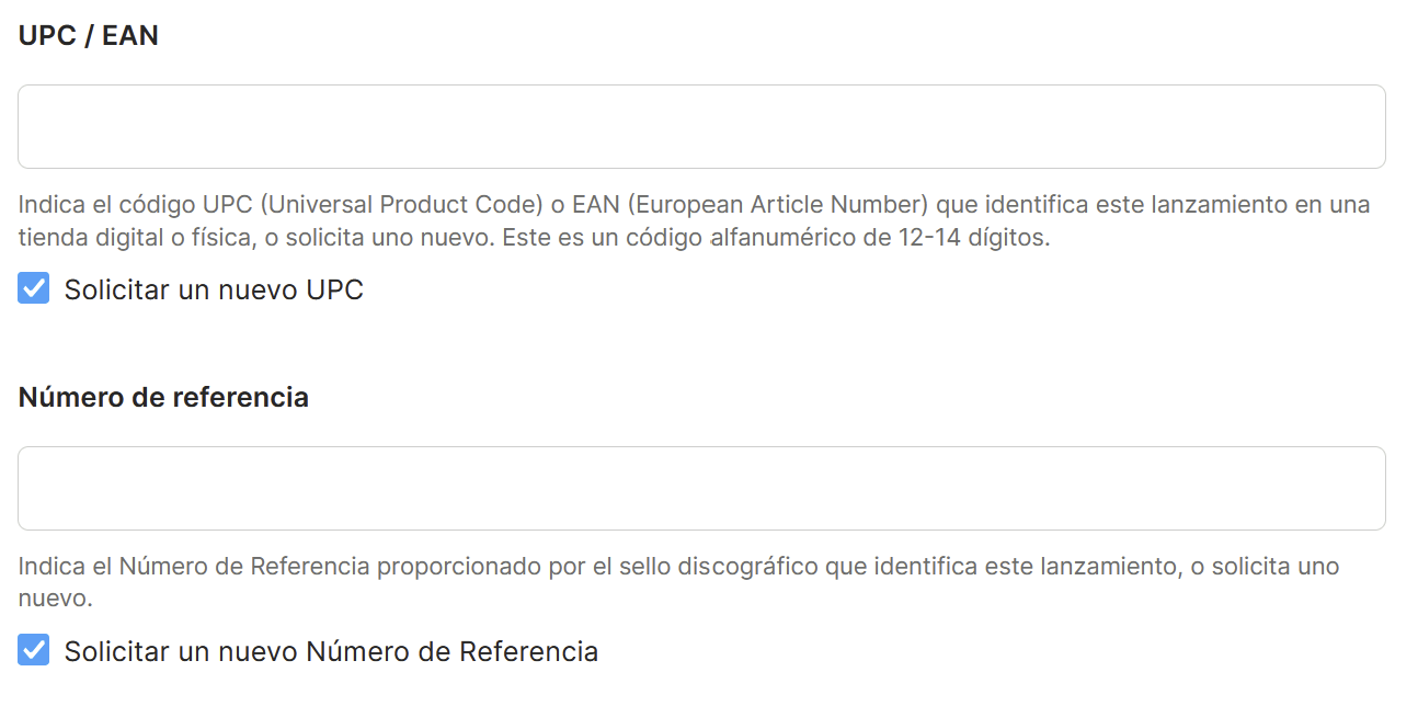 Campos "UPC / EAN" y "Número de referencia", con sus casillas de solicitar uno nuevo marcadas