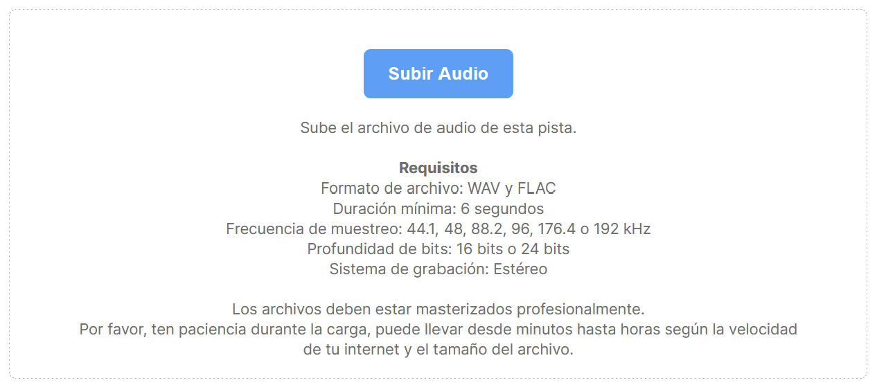 Botón "Subir Audio" con los requisitos del archivo de audio