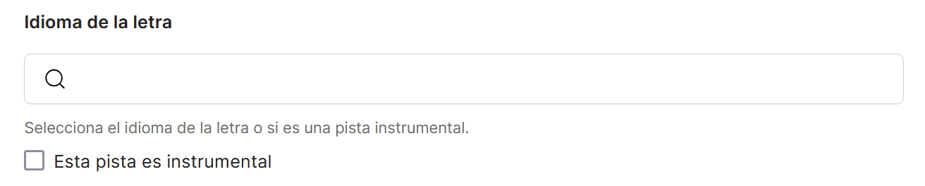Campo "Idioma de la letra" con la casilla "Esta pista es instrumental"