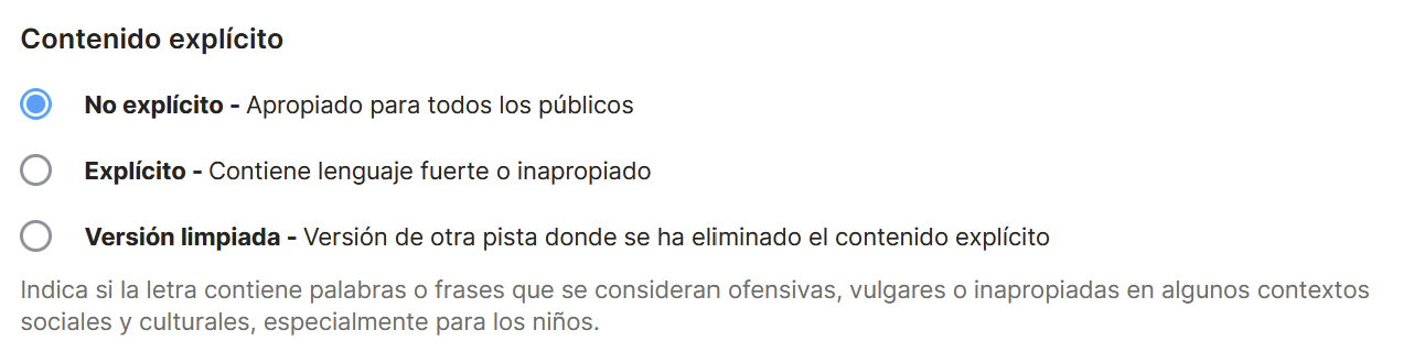 Opciones de contenido explícito: No explícito, Explícito y Versión limpiada