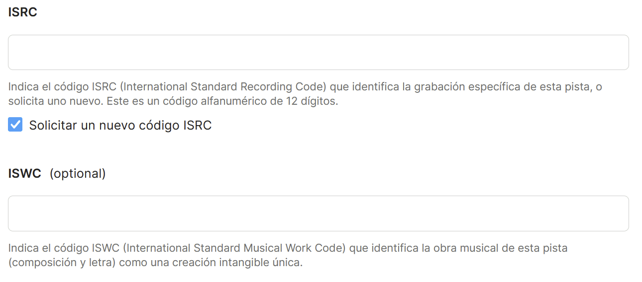Campos ISRC, con la casilla de solicitar uno nuevo marcada, e ISWC