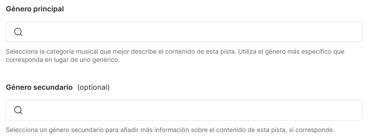 Campos "Género principal" y "Género secundario" de la pista