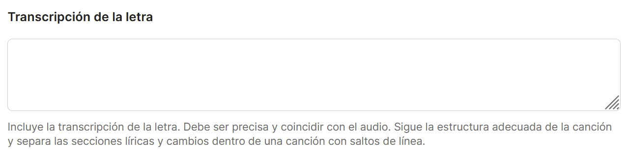 Campo "Transcripción de la letra"