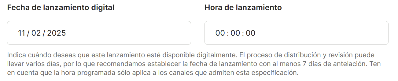 Campos "Fecha de lanzamiento digital" y "Hora de lanzamiento"