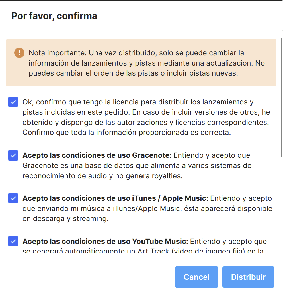 Ventana "Por favor, confirma" con las condiciones de uso de los canales y el botón "Distribuir"