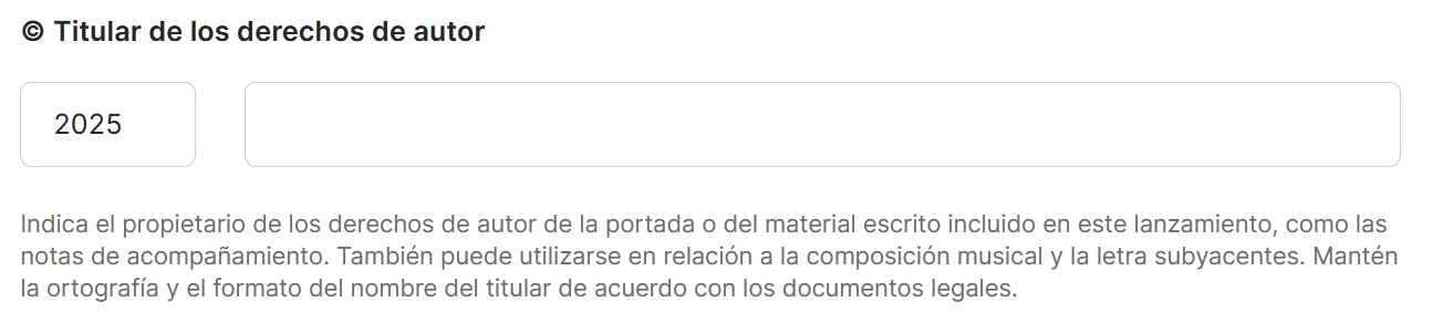 Campo "Titular de los derechos de autor" con el año