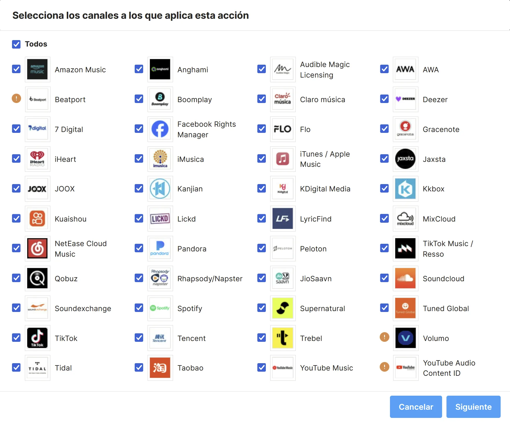 Selector de canales de distribución con todos marcados y el botón "Siguiente"