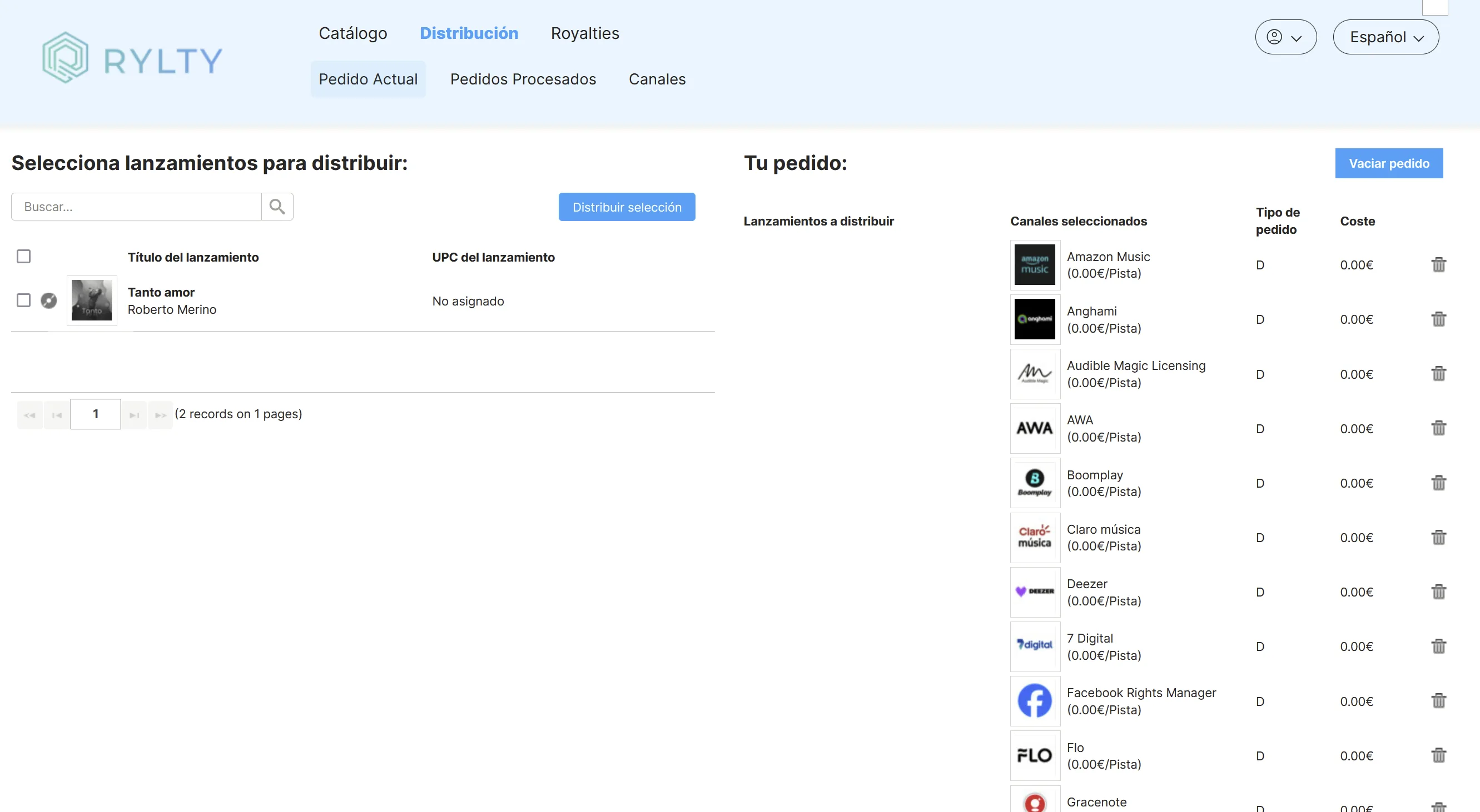 Pantalla Distribución › Pedido Actual con los lanzamientos a distribuir y los canales seleccionados