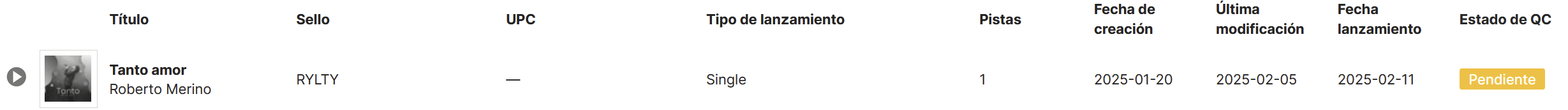 Fila del lanzamiento con el estado de QC en "Pendiente"