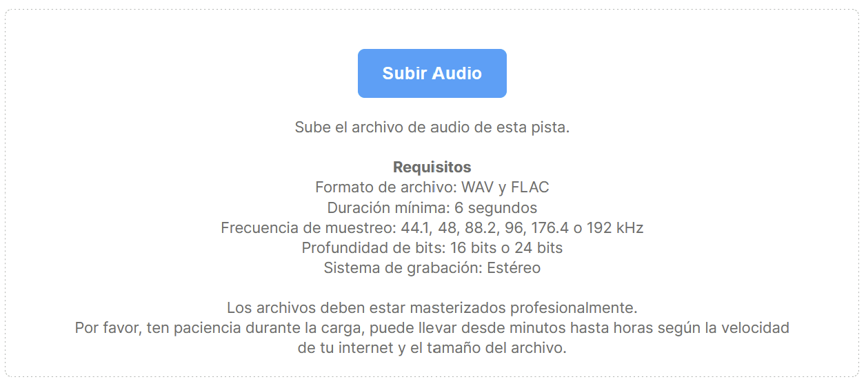 Botón "Subir Audio" con los requisitos del archivo de audio