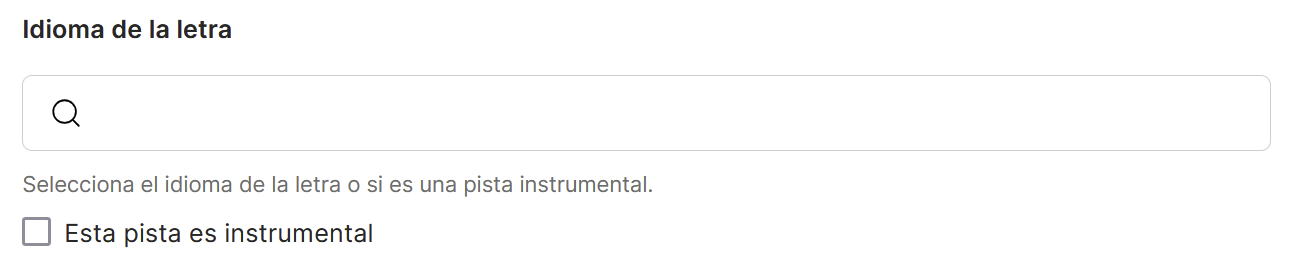 Campo "Idioma de la letra" con la casilla "Esta pista es instrumental"