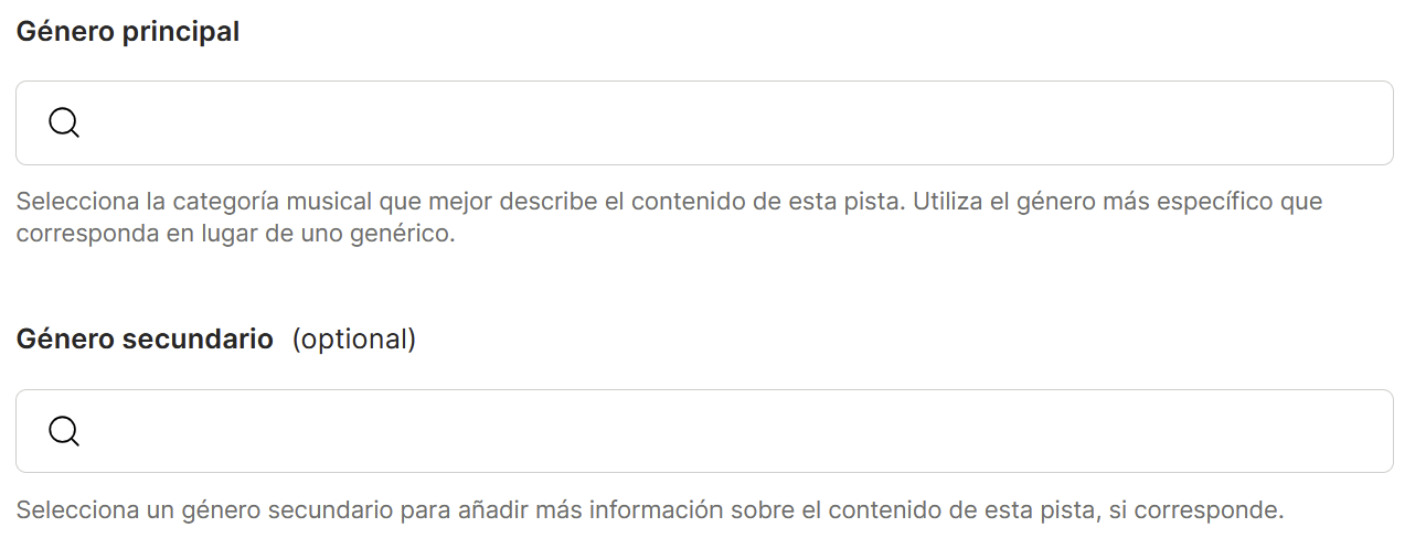 Campos "Género principal" y "Género secundario" de la pista