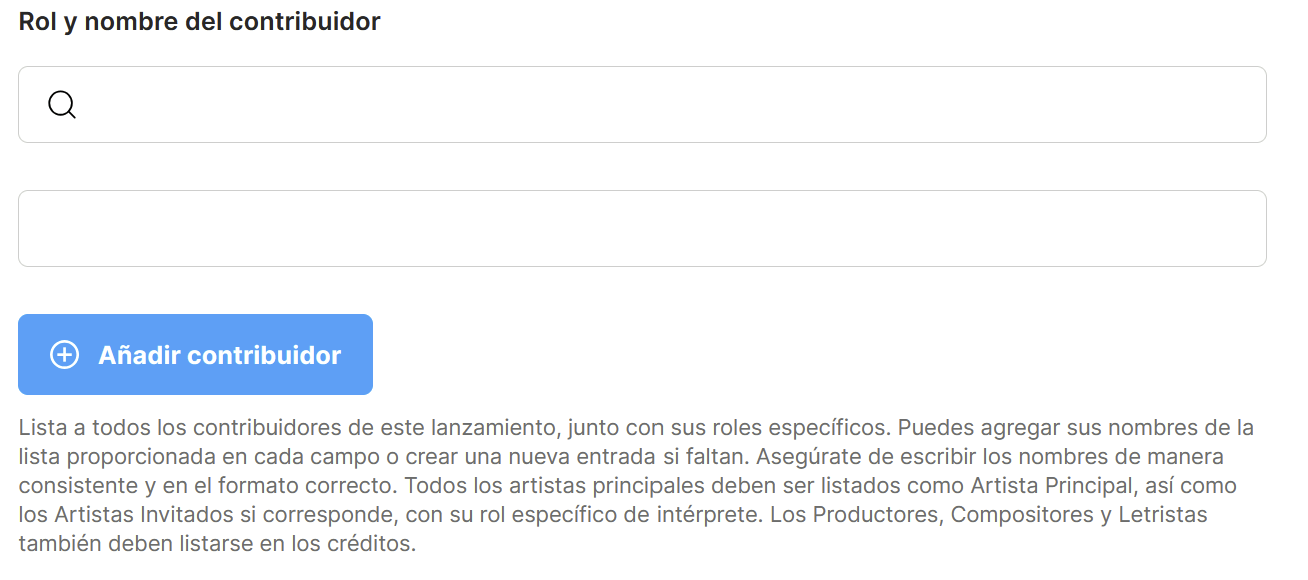 Campo "Rol y nombre del contribuidor" con el botón "Añadir contribuidor"