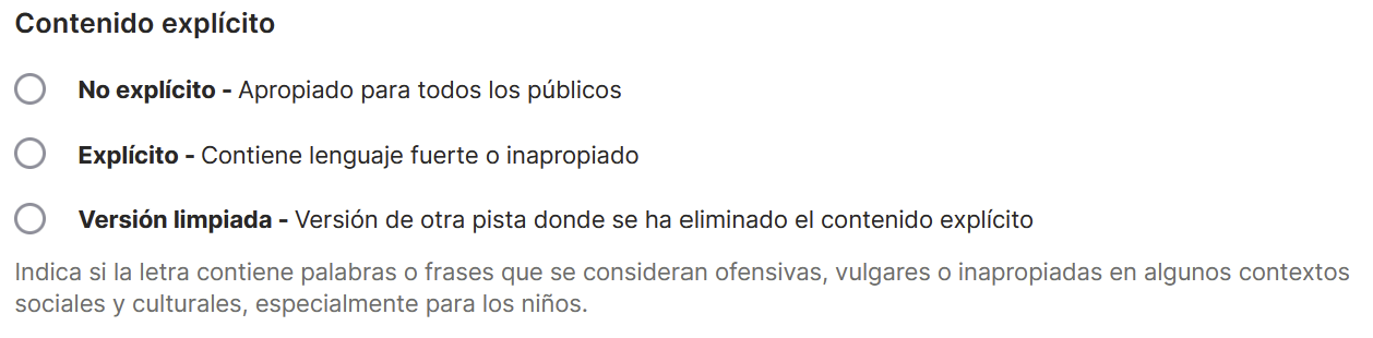 Opciones de contenido explícito: No explícito, Explícito y Versión limpiada