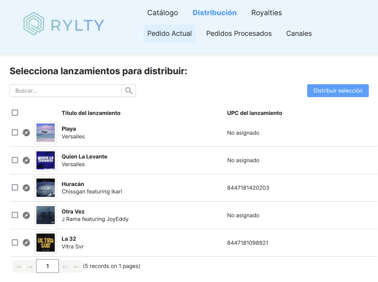 Pantalla Distribución › Pedido Actual con la lista de lanzamientos y el botón "Distribuir selección"