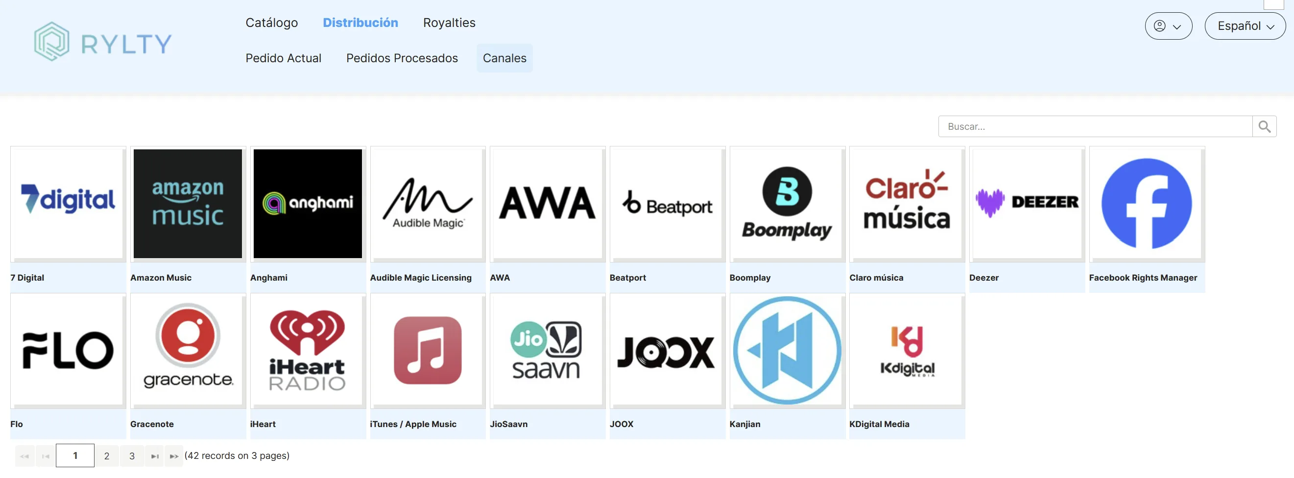 Pestaña Canales con los logotipos de las tiendas digitales disponibles