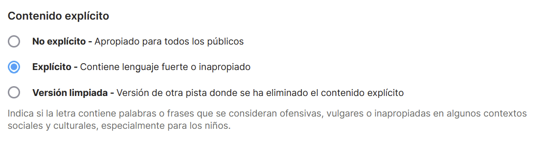 Opciones de contenido explícito con "Explícito" seleccionado