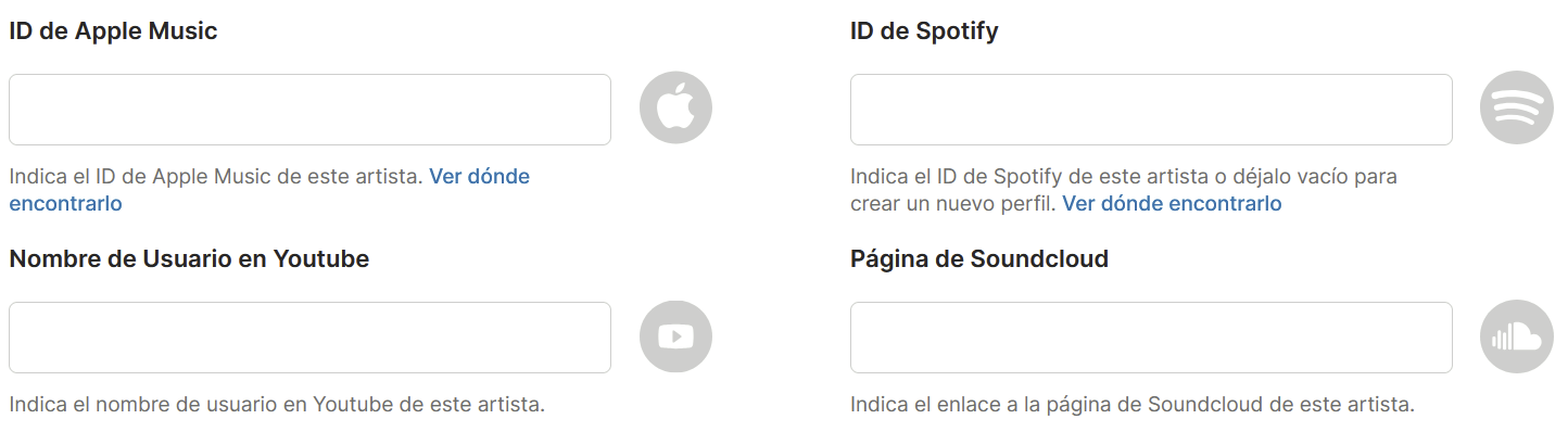 Campos para indicar el ID del artista en Apple Music, Spotify, YouTube y SoundCloud