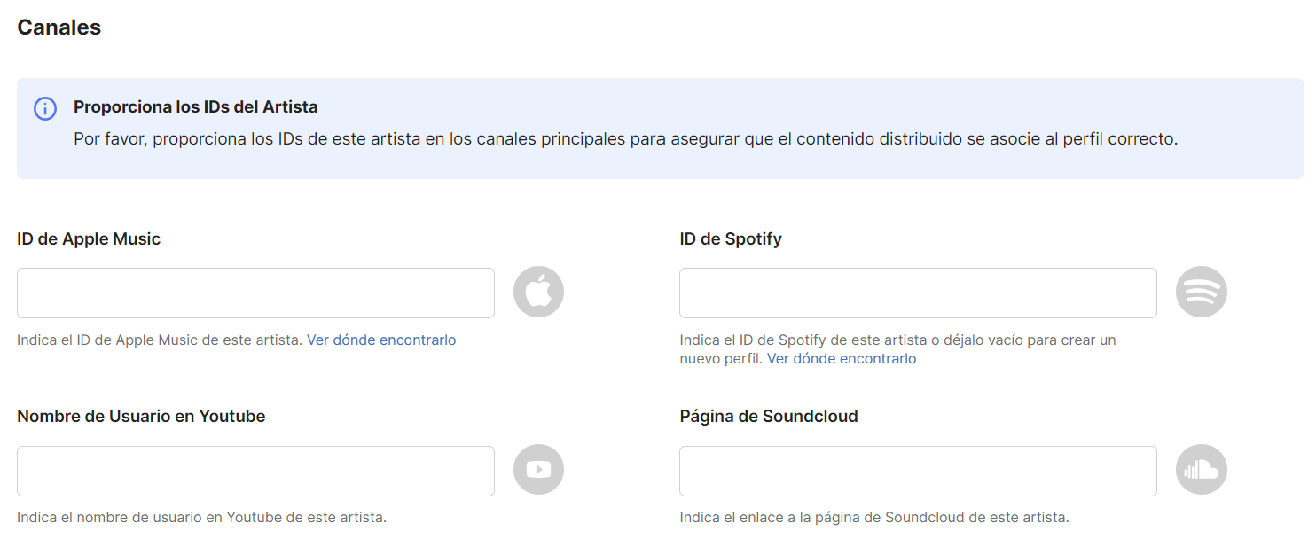 Sección "Canales" de la ficha de artista, con los campos de ID de Apple Music, Spotify, YouTube y SoundCloud