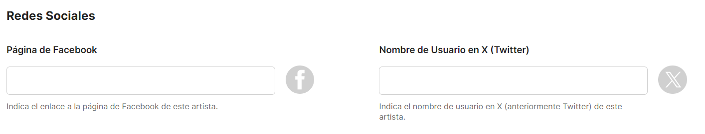Sección "Redes Sociales" de la ficha de artista, con los campos de Facebook y X (Twitter)