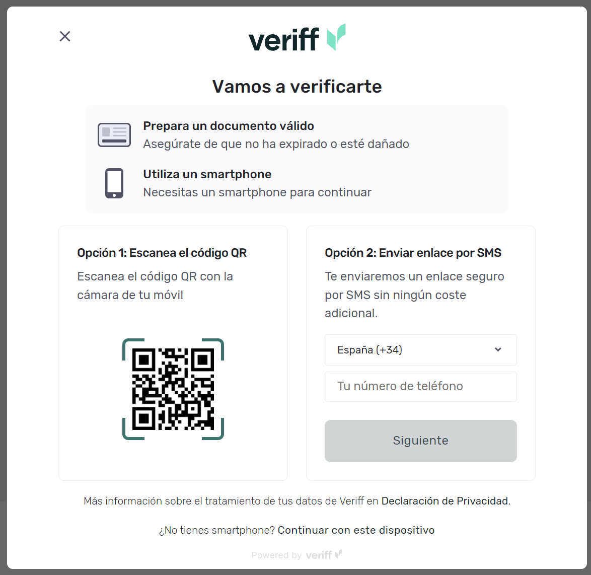 Pantalla de verificación de Veriff con el código QR y la opción de recibir el enlace por SMS
