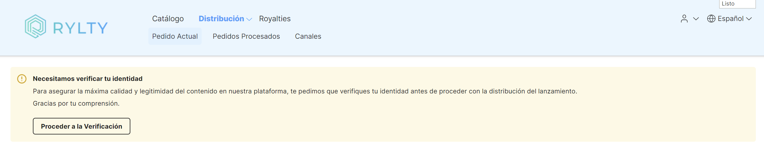 Aviso "Necesitamos verificar tu identidad" con el botón "Proceder a la Verificación" en Distribución › Pedido Actual