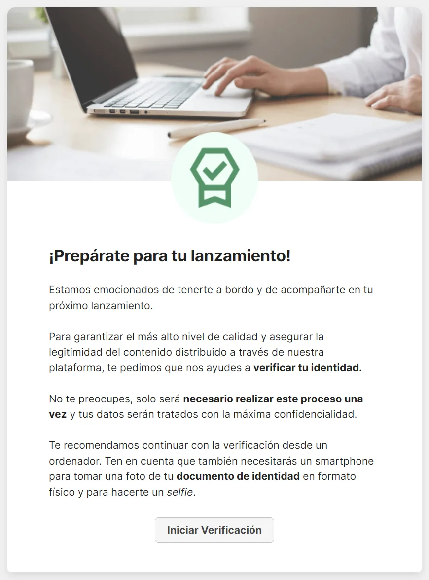 Pantalla "¡Prepárate para tu lanzamiento!" con el botón "Iniciar Verificación"
