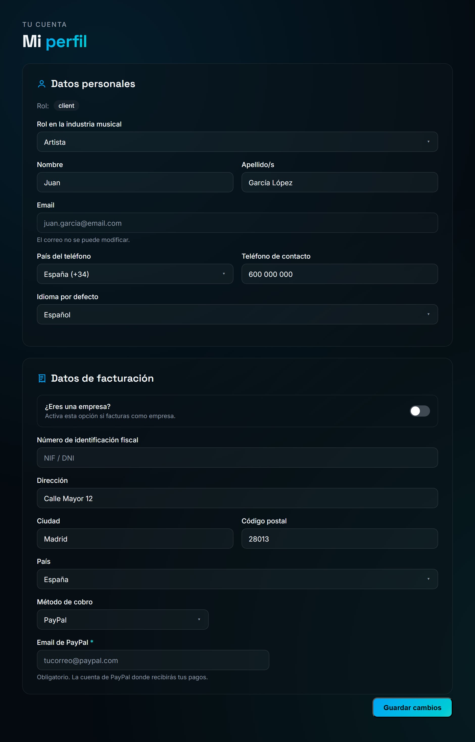 Página Mi perfil con las secciones Datos personales y Datos de facturación